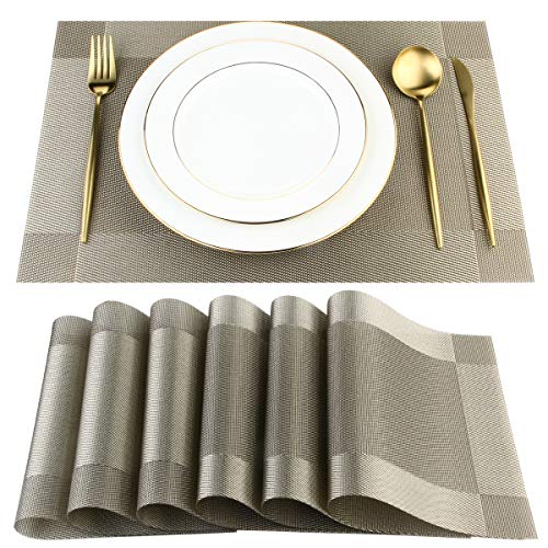 DACHUI Placemats, Heat-Resistant Placemats Stain Resistant Anti-Skid Washable PVC Table Mats Woven Vinyl (6pcs, Coffee-Cross)