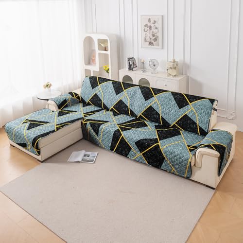 Image of HOKIPO 'Elira Series' Printed Quilted One-Piece L Shape 5 Seater (3+2) Sofa Cover with Left Chaise | Anti-Slip Design, Multicolor Abstract Geometry (AR-5374-C10)