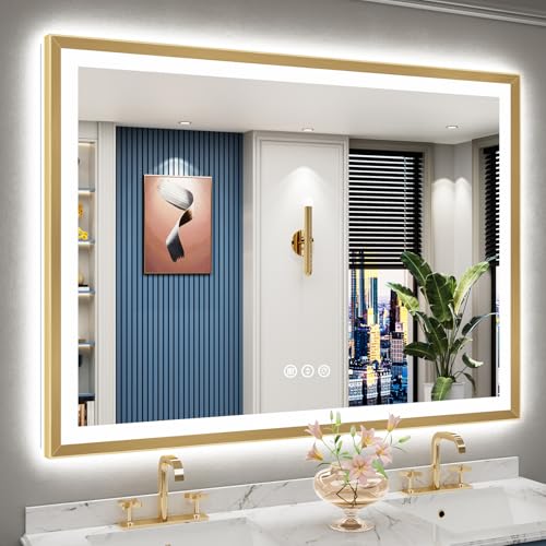 Image of 55x40 Gold Beveled LED Bathroom Mirror Backlit & Front Lit Anti-Fog | Brushed Gold Framed, Anti-Fog Lighted Vanity Mirror, Dimmable, 3-Color Light, Memory, CRI95, HD Tempered Glass, UL Listed
