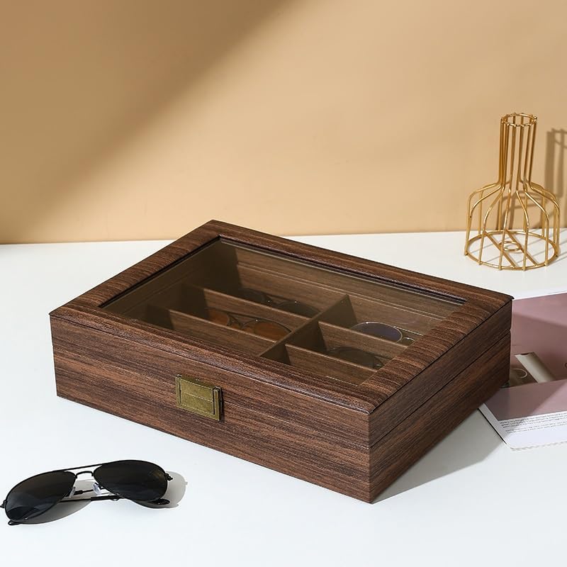 ENGENDER Estuche Para Gafas Caja de almacenamiento gafas sol 8 rejillas cuero con veta madera retro, gran capacidad, ideal for viajes y familias