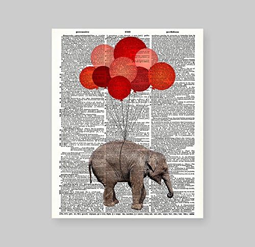 Susie Arts 8X10 Unframed Baby Elephant With Red Balloons Upcycled Vintage Dictionary Art Print Book Art Print Home Decor Funny Prints Kids Wall Art V051 image 5