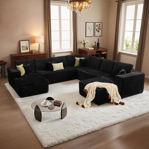 Image of HOOOWOOO Cloud Sectional Couches for Living Room,Modular Sectional Sofa No Assembly,136X133 Inch Plush Corduroy Large G L Shaped Floor Sofa Set with Deep Seat Chaise Ottoman(Black)