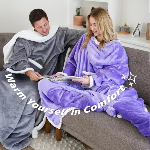 Image of Catalonia Sherpa Wearable Blanket with Sleeves & Foot Pockets for Adult Women Men,Comfy Snuggle Wrap Sleeved Throw Blanket Robe,Gift Idea,Grey