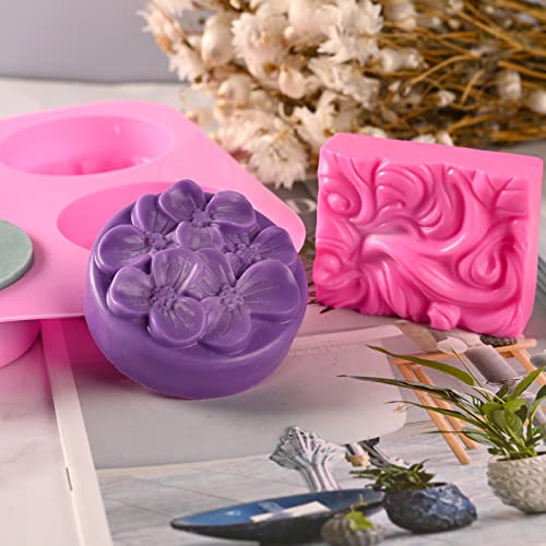 Image of Sakolla 2 Pack Silicone Soap Molds, 4 Cavities Rectangle Wave and Round Flower Silicone Molds for Handmade Soap, Candle and Mousse Cake