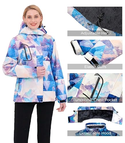 Wantdo Women's Warm Ski Jacket with Fleece Waterproof Snowboarding Jacket Hooded Mountain Coat Windproof Raincoat Mountain Flora M - Image 5