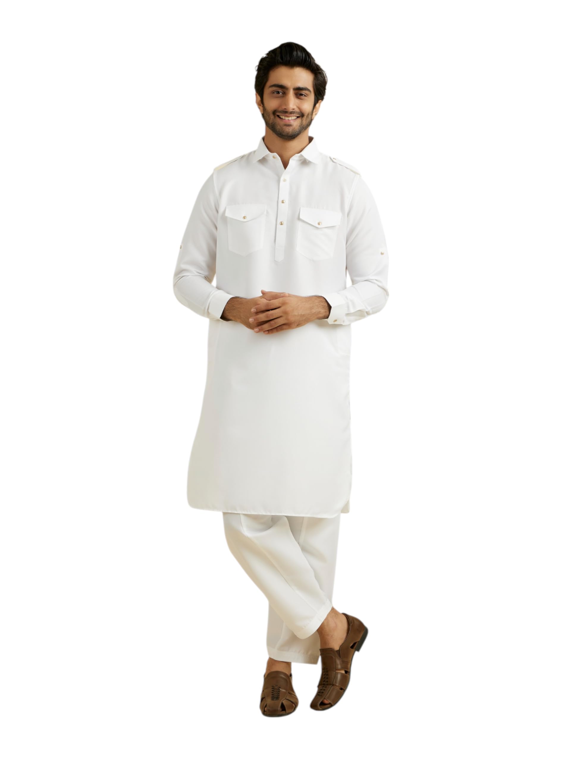 manyavar Men's Rayon Blend Solid Pathani Kurta Churidar Set (2pcs)-picture-12