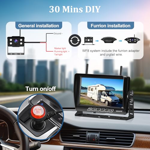 Image of VEKOOTO RV Backup Camera Wireless Recording 2 Cameras BSD System, Pre-Wired for Furrion System Night Vision 4 Channels HD 1080P 7'' Touch Key BSD Monitor Rear View Camera for Trailer /Trucks WF82
