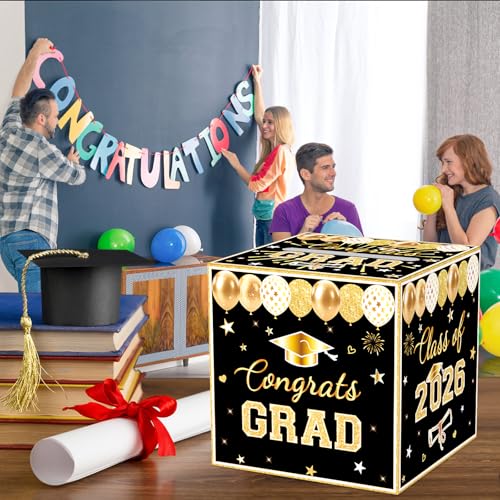Image of Black Graduation Congrats Card Box, Class of 2026 Black Gold Graduation Party Decorations Money Card Boxes Holder, Graduation Gift Card Box for Grad Parties Supplies 8.7 x 8.7 x 8.7 Inch