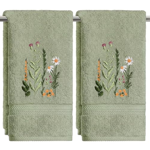 Artoid Mode 2 Pcs Sage Green Wildflower Floral Embroidered Hand Towels for Bathroom Cotton Soft Absorbent Farmhouse Decor Towels 13.7 x 29.5 Inch