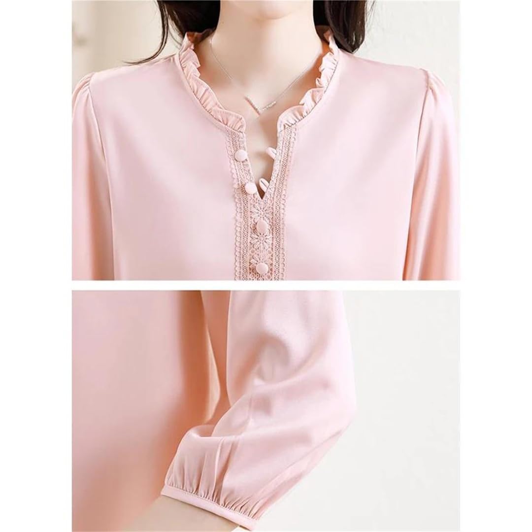 Yeuyyben Camicetta estiva da donna in pizzo patchwork con maniche a 3/4 increspature elegante tinta unita casual top