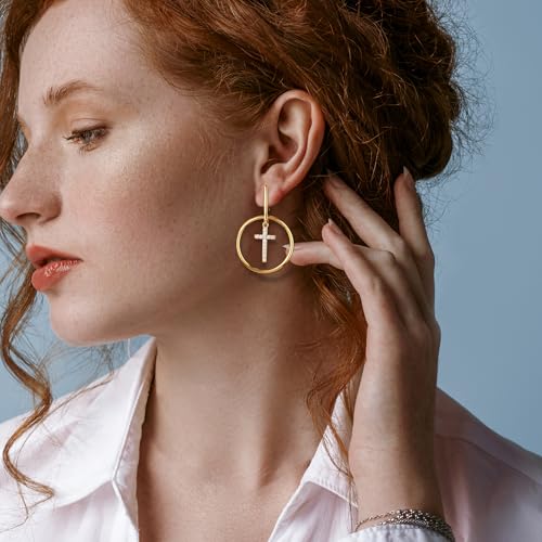 18K Gold Plated Hoop Cross Earrings for Women, Nickel-Free & Hypoallergenic, Lightweight Rhinestone Sparkly Cross Dangle Earrings, 1.79 Inch2