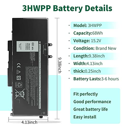 Image of 68Wh 3HWPP Replacement Battery for Dell Latitude 5410 5510 5501 5401 5411 5511 Precision 3541 3551,Inspiron 7706 2-in-1, Inspiron 17 7500 7506 2-in-1 Black 03HWPP 10X1J N2NLL 1VY7F 451-BCMN 15.2V