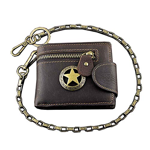 Star Genuine Leather Zipper Card Money Men's Wallet With chain