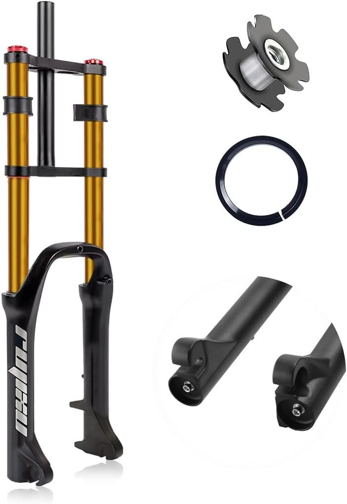 20/26 inch Air Bike Suspension Fork 4.0 Fat Tire eBike Front Forks 140mm Travel Straight 1-1/8" Double Crown Mountain Bike Fork with DH Damping Adjustment QR 9x135mm for Snow Beach Gold