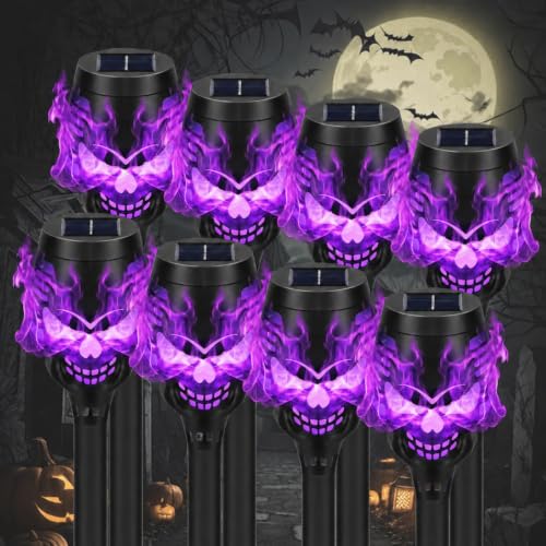 8 Pack Solar Halloween Lights, Purple Skull Torch Lights - image 1