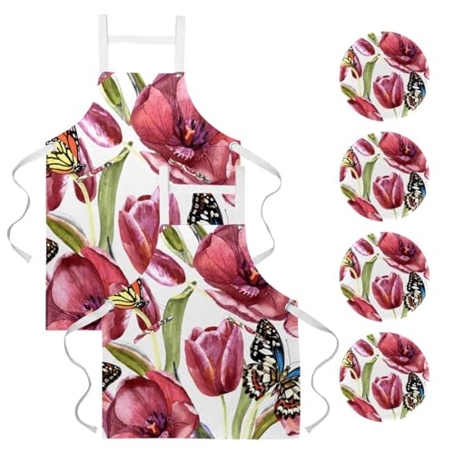 Lot de 2 tabliers de cuisine avec 4 broches à motif papillon fleur sauvage et tulipe