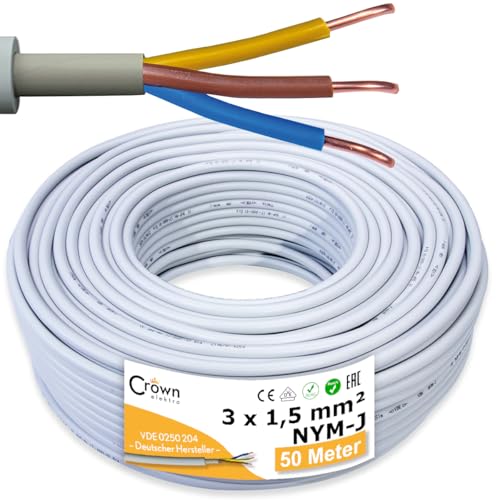 NYM-J 3x1 5mm Kabel 50m Mantelleitung | Kupfer Elektrokabel 3-Adrig Feuchtraumkabel nach DIN VDE 0250-204 Stromkabel für Elektroinstallation Hellgrau | Kabellänge am Stück Deutsche Markenhersteller