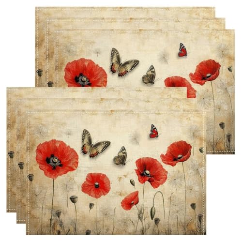 Lot de 6 sets de table vintage motif floral coquelicot rouge botanique pour salle à manger, printemps été, antidérapant, lavable, intérieur et extérieur,...
