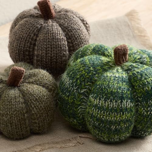 Image of Set of 3 Cozy Mini Knit Pumpkins (Juniper Multi-Size Set) | Autumn Table Home Decor, Fall Seasonal Gift, Green Accent Kitchen Decor