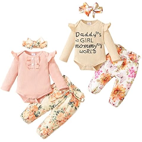 Curipeer 2 Packs Baby Girls Rompers Shorts Sets Infant Girls 2 Sets Funny Onesie Floral Pants Headband 3Pcs Summer Outfits, B-pink+khaki, Medium Cover
