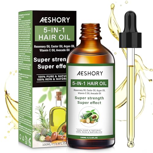 Aeshory Hair Oil – 5 IN 1 Hair Care Oil with Rosemary, Castor, Argan, Vitamin E, and Avocado for Hair Growth and Strengthening – Nourishing and Volumizing 3.38 fl oz