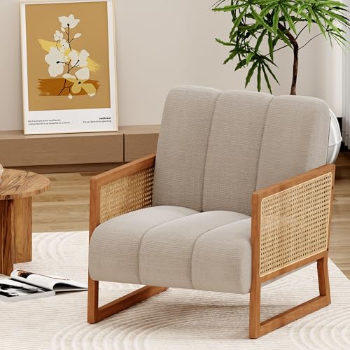 WENTMENT Modern Accent Chair, Armchair with Natural Rattan Armrest and