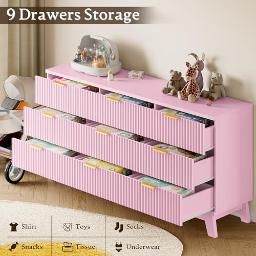 Image of BORNOON Fluted 9 Drawer Dresser, 57.1 inch Wide Modern Boho Chest of Drawers, Wooden Storage Dresser TV Stand for Bedroom, Living Room, Closet, Hallway, Curved Profile Design