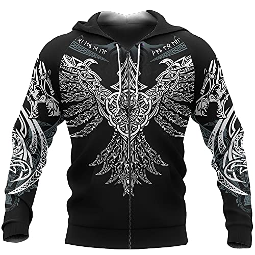 Sweat à capuche Viking avec imprimé 3D tatouage corbeau noir - 2