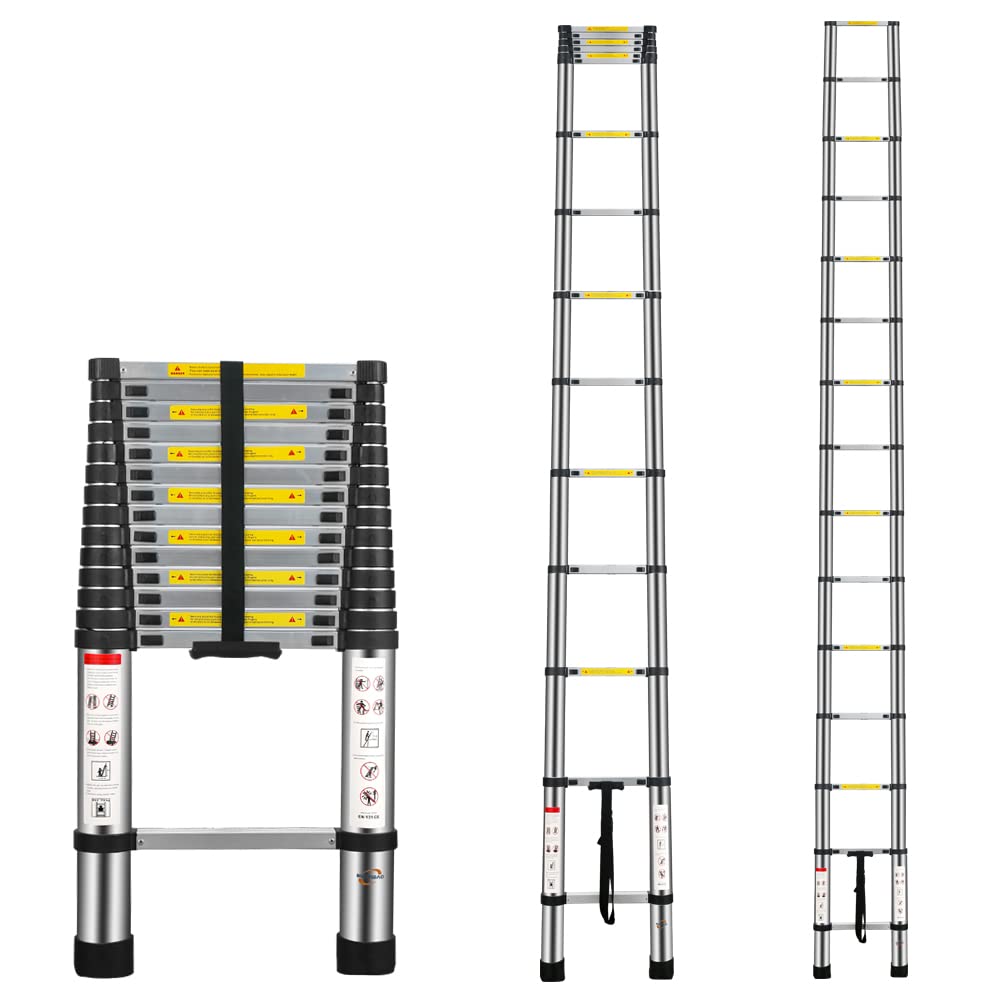 Multibao Metallic, Aluminium 14.5Ft 4.4M Telescopic Ladder Aluminium Telescoping Ladders Collapsible Extendable Portable Multi Purpose Diy Tools Max Load 150Kg (330Lb) 15 Rungs