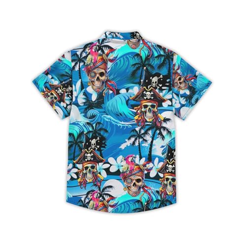 Image of THE PIRATE KING Funny Pirate Hawaiian Shirt Boys Girls Beach Tropical Casual Short Sleeve Button Down Shirt for 5-14 Years
