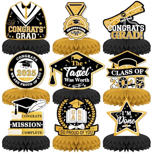 9 PCS Graduation Party Decorations,KSKSPE Graduation Honeycomb Centerpieces for Tables Centerpieces 3D Graduation Theme Party Decor Supplies