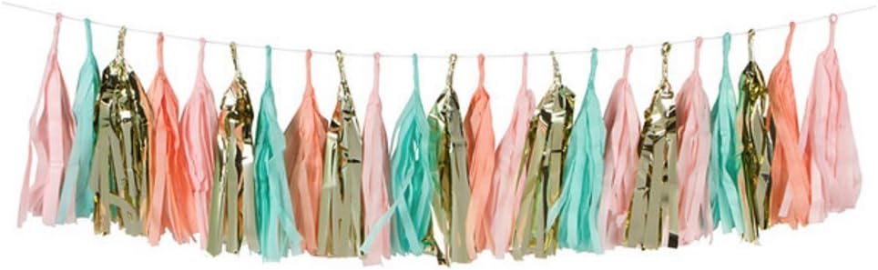 Already Assembled 16 x Tissue Paper Party Tassel Garland Ready To Hang (Mint Green, Baby Pink, Peach & Metallic Gold)