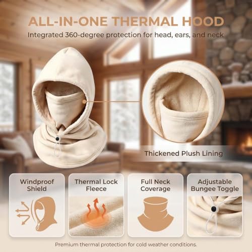 Ski Mask Balaclava One-Piece Fleece Hoodie Mask Full Face Cover Beige - image 4