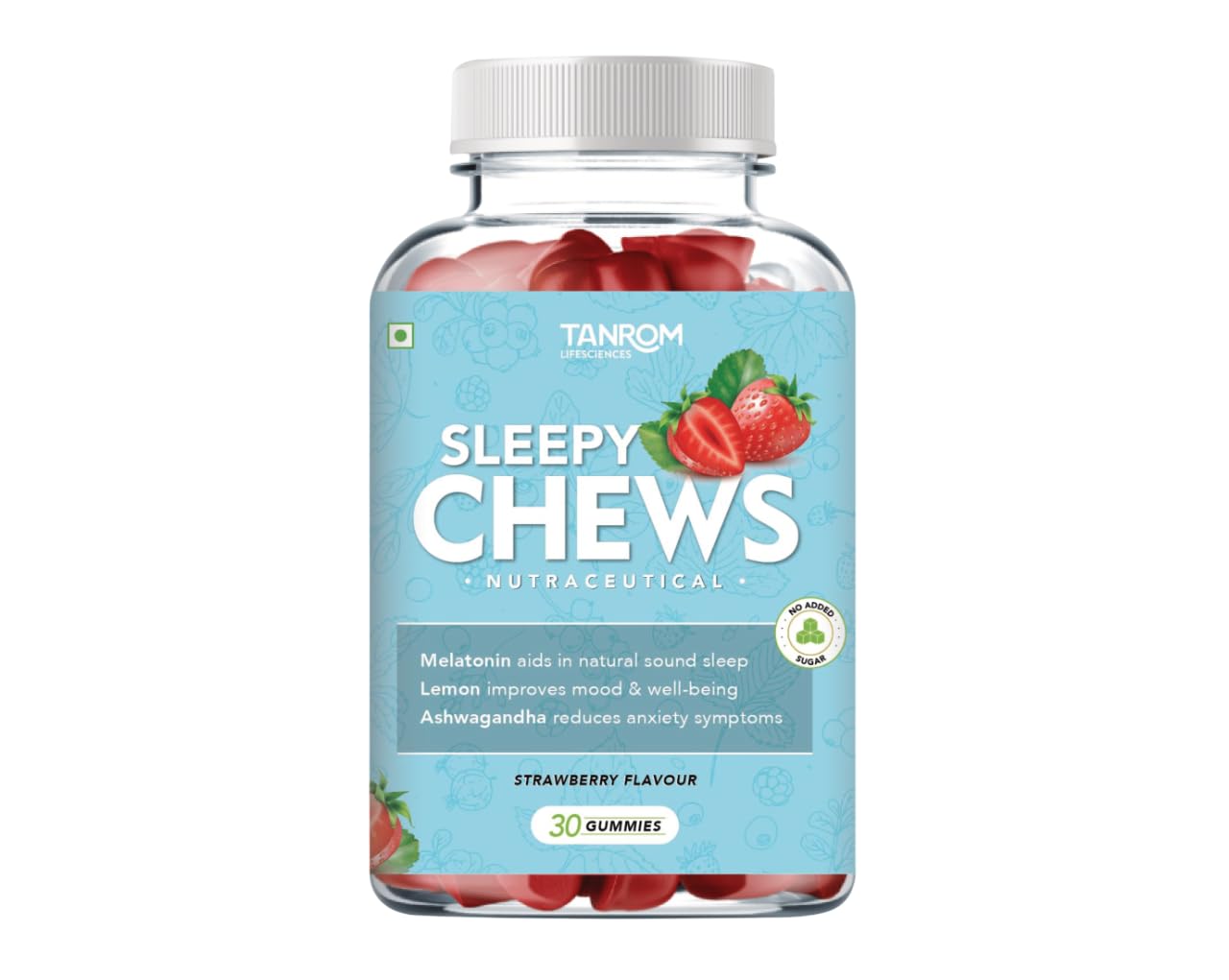 SleepyChews, 30 Gummies, Strawberry Flavor, Natural Sleep and Anxiety Relief Supplements with Ashwagandha, Melatonin, Valerian Root, No Added Sugar, Vegan