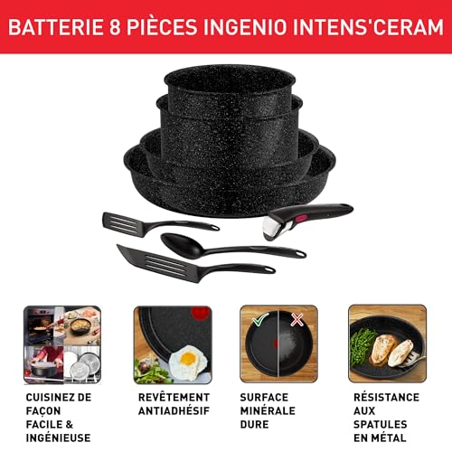 Tefal Ingenio, Lot 8pièces, Revêtement céramique antiadhésif, Induction, Casseroles, Poêles, Poignée amovible, Fabriqué en France, Intens' Ceram, L2649802 – Image 4