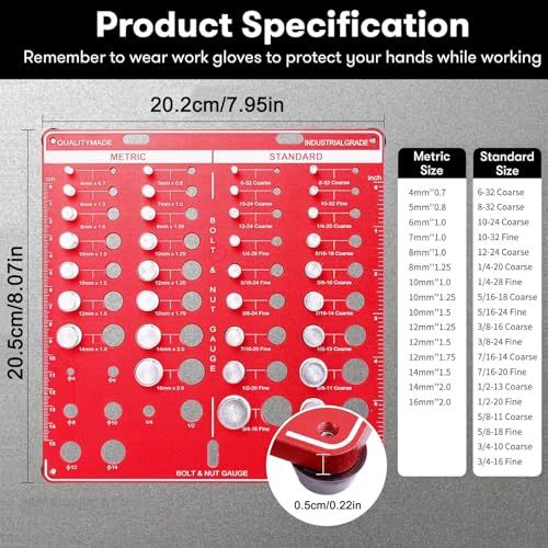 34 Nut & Bolt Thread Checker, Thread Identifier Gauge with 8 Drill Bit Gauge, Aluminum Alloy Nut and Bolt Measuring Tool for 19 Standard & 15 Metric