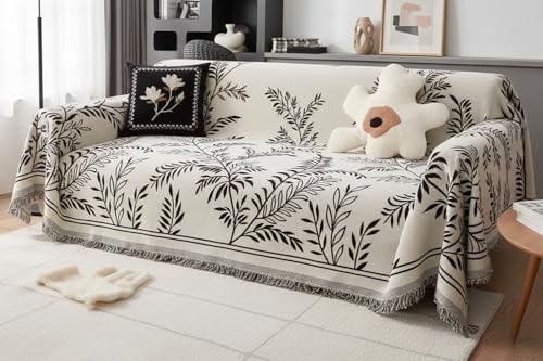 Image of The Furnishing Tree 3 Seater Reversible Chenille Sofa Cover, Double-Sided Luxury Throw, Anti-Slip Couch Cover, Soft & Comfortable Sofa Towel for All Seasons, Willow Leaf