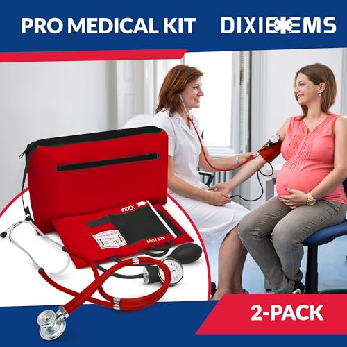 Image of Blood Pressure Monitor and Sprague Stethoscope Kit - 2-Pack, Adult Aneroid Sphygmomanometer with Dual-Head Stethoscope, Adjustable BP Cuff, Carrying Case & Accessories - Red