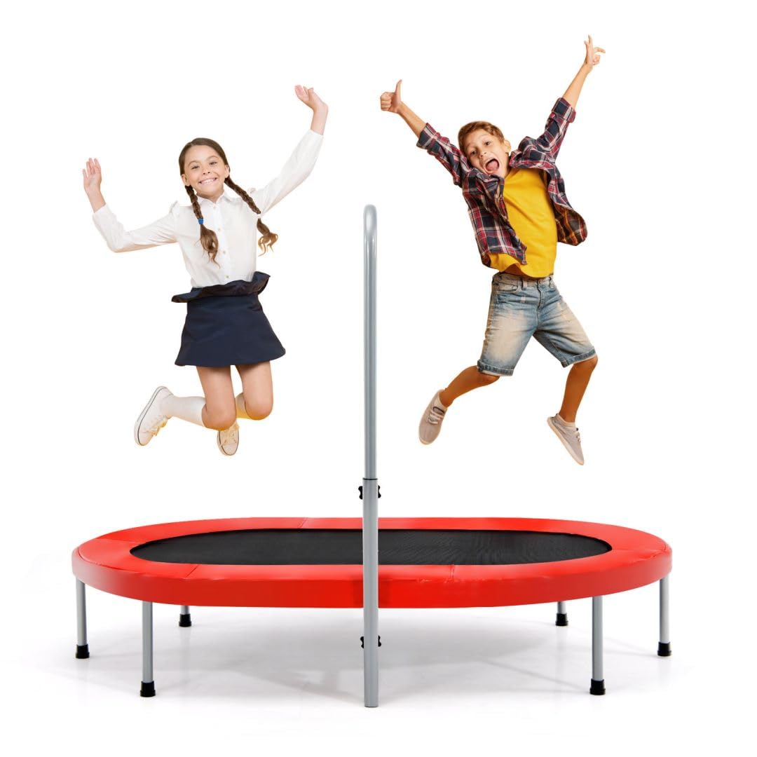SPOTRAVEL 60’’ Kids Trampoline, Foldable Fitness Rebounder Trampoline with Height Adjustable Handrail & Padded Protective Cover, Indoor Outdoor Exercise Equipmentfor Adults Toddler