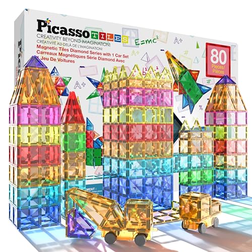 Image of PicassoTiles 80 Pcs Magnetic Building Tiles Magnet Building Block Toys W/Car Diamond Educational Construction Playset Toy for STEM Sensory Gifts Kid Brain Development Stacking Blocks Construction Set