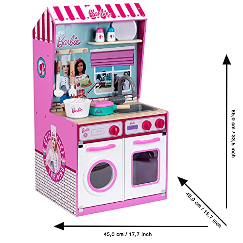 Theo Klein 7312 Barbie Holzküche mit integriertem Puppenhaus 2 in 1 I Spielküche mit Herd, Waschmaschine und Zubehör I… – Bild 5