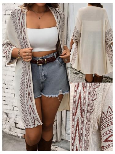 Image of Verdusa Women's Plus Size Boho Tribal Cardigan 3 /4 Sleeve Open Front Loose Kimono Cover Up Khaki XX-Large Plus
