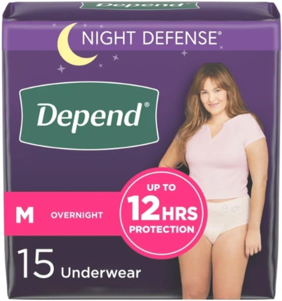 Depend Night Defense Adult Incontinence Underwear for Women, Overnight, Medium, Blush, 15 Count