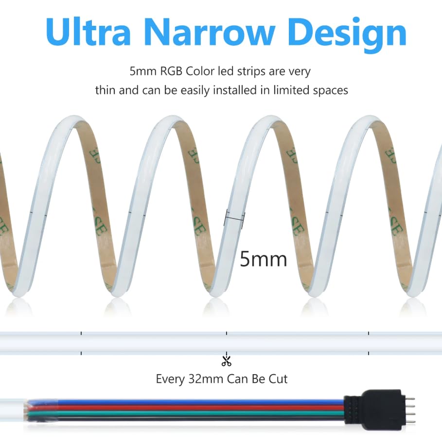 Tira LED RGB COB de 5 mm 5V 12V 24V Alta Densidad miniatura 5