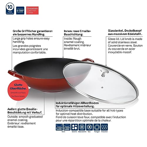 Kela Wok Calido aus Gusseisen mit Glasdeckel, 36 cm Durchmesser, 4 L