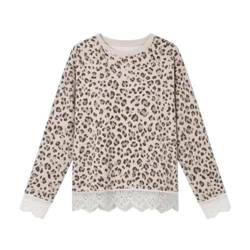 Leopard Sweatshirt for Women, Crewneck Long Sleeve Pullover with Lace Trim - image 6