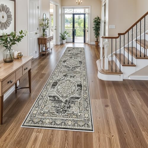 Washable Hallway Runner Rugs 3x12: Soft Ultra Thin Low Pile Carpet Machine Washable Indoor Lightweight Rug Runner Anti Slip Backing Rugs for Living Room Bedroom Kitchen 3'x12' Black