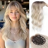 Hair Topper, 360° 3D Hair Toppers for Women with Thinning Crown, 20 Inch Long Wavy Curly Hair Pieces Clip in Bangs (Ash Blonde Mix Highlights with Brown Root, 20 inch, French Bangs)