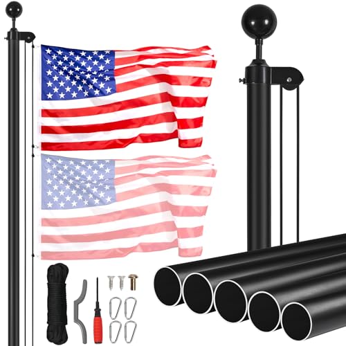 VEVOR 20FT Sectional Flagpole Kit, Heavy Duty Aluminum Alloy in Ground Poles for Outside, 3 Display Modes with 3x5 American Flag, Professional Accessories, Black