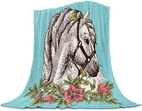 Fleece Blanket and Microfiber Soft Bed Throws Blanket 39×49inch Bohemian White Horse for Sofa Couch Decorative All Season Warm Living Room/Bedroom Lightweight Blankets